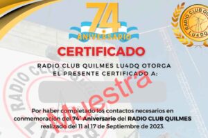 Certificado 74 aniversario del Radio Club Quilmes