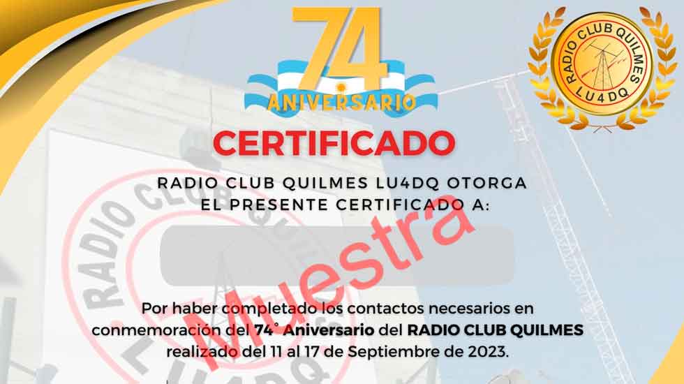 Certificado 74 aniversario del Radio Club Quilmes